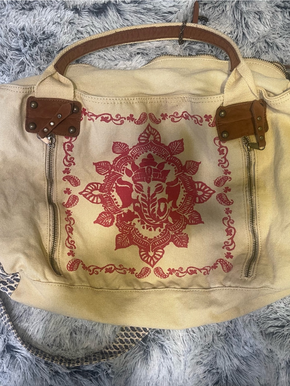 Lucky Brand Cream Canvas Tote with Red Floral Mandala